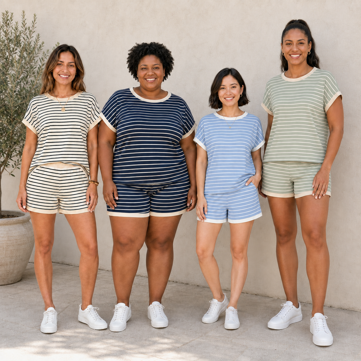 Women's Striped Contrast-Trim Top & Shorts Lounge Set