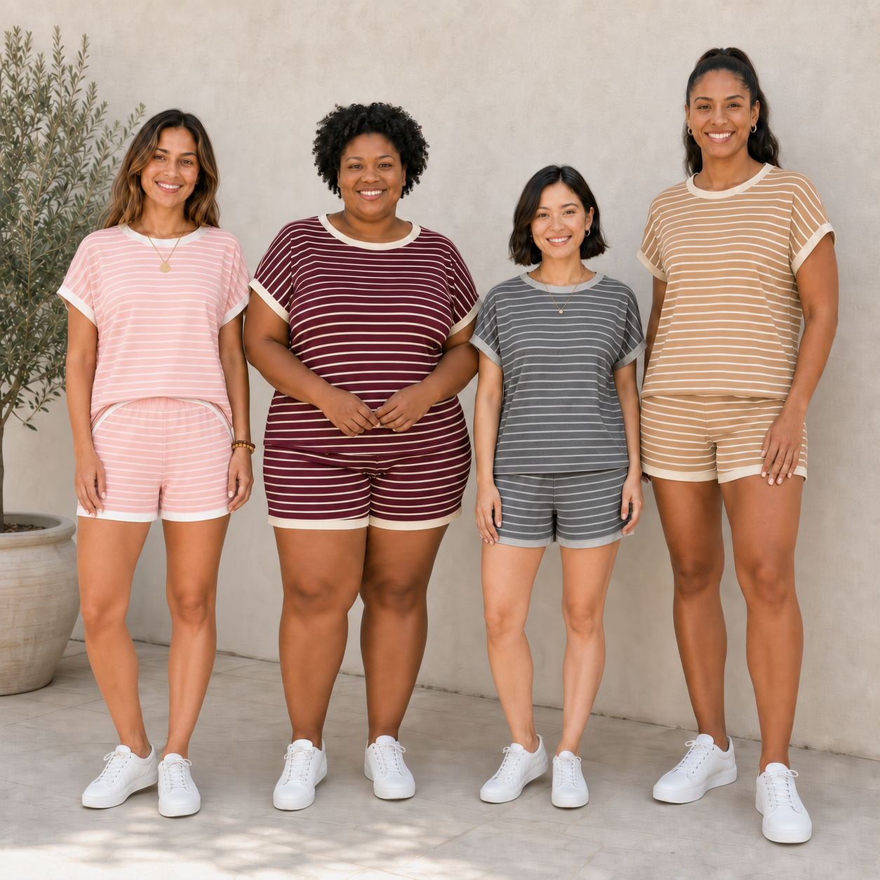 Women's Striped Contrast-Trim Top & Shorts Lounge Set