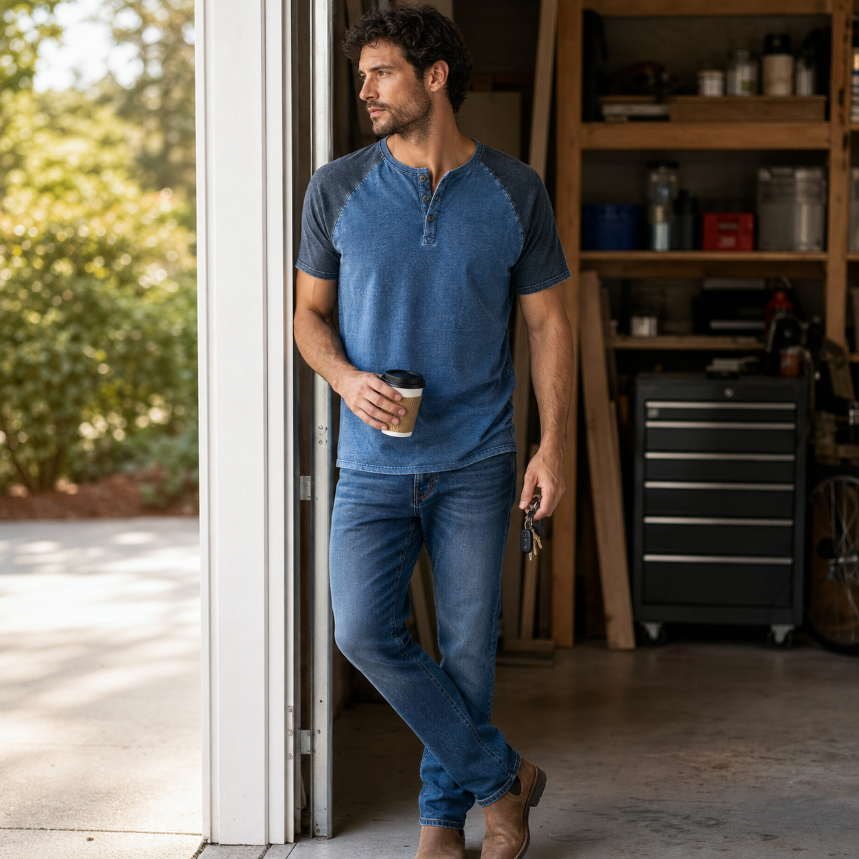 Lifestyle scene wearing washed raglan henley