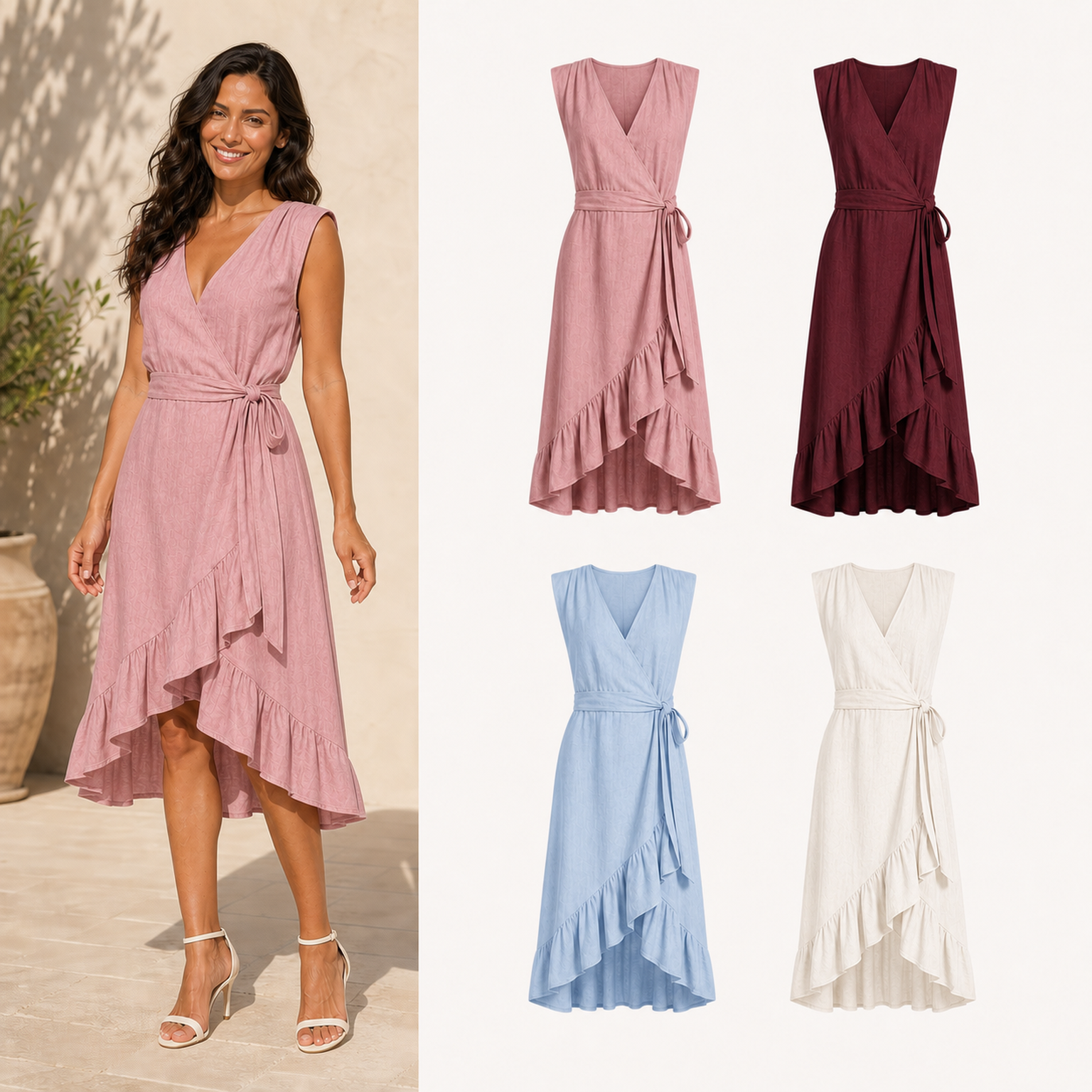 ⏰Seasonal Clearance Sale🔥Women's V-Neck Sash Waist High-Low Ruffle Wrap Midi Dress