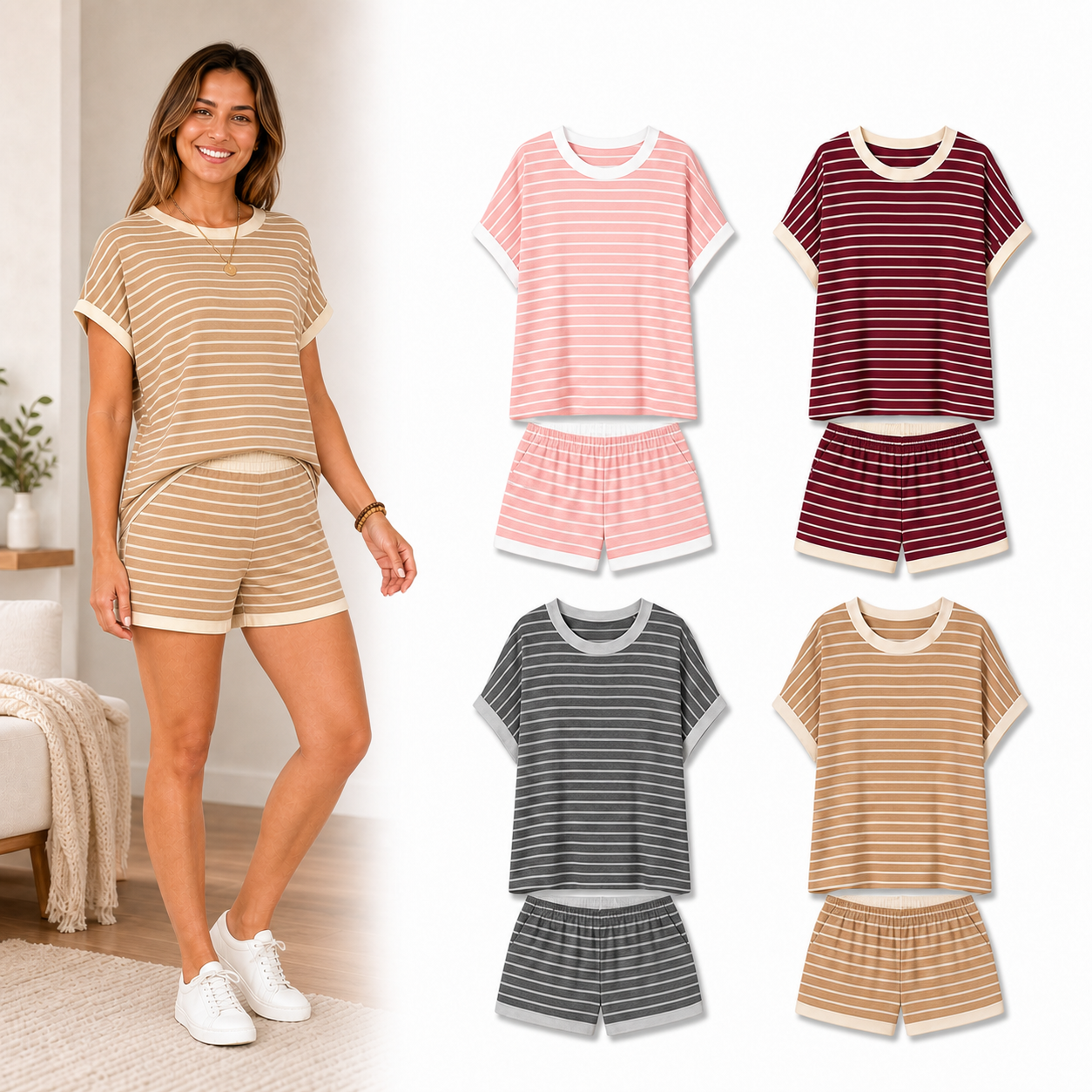 Women's Striped Contrast-Trim Top & Shorts Lounge Set