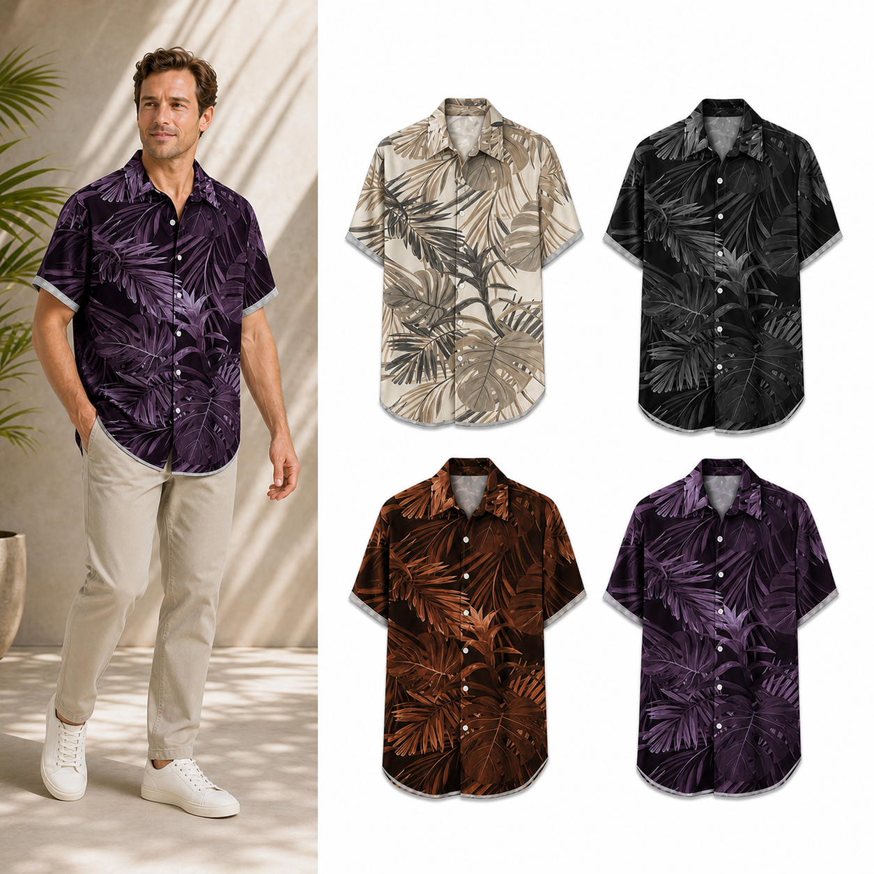 ⏰Seasonal Clearance Sale🔥Men's Tropical Leaf Relaxed Short-Sleeve Shirt Set