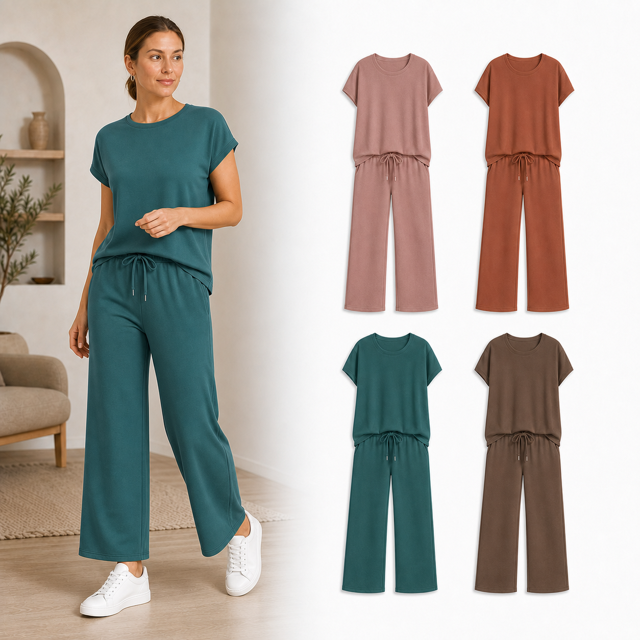 Women's Relaxed Short-Sleeve Wide-Leg Matching Set