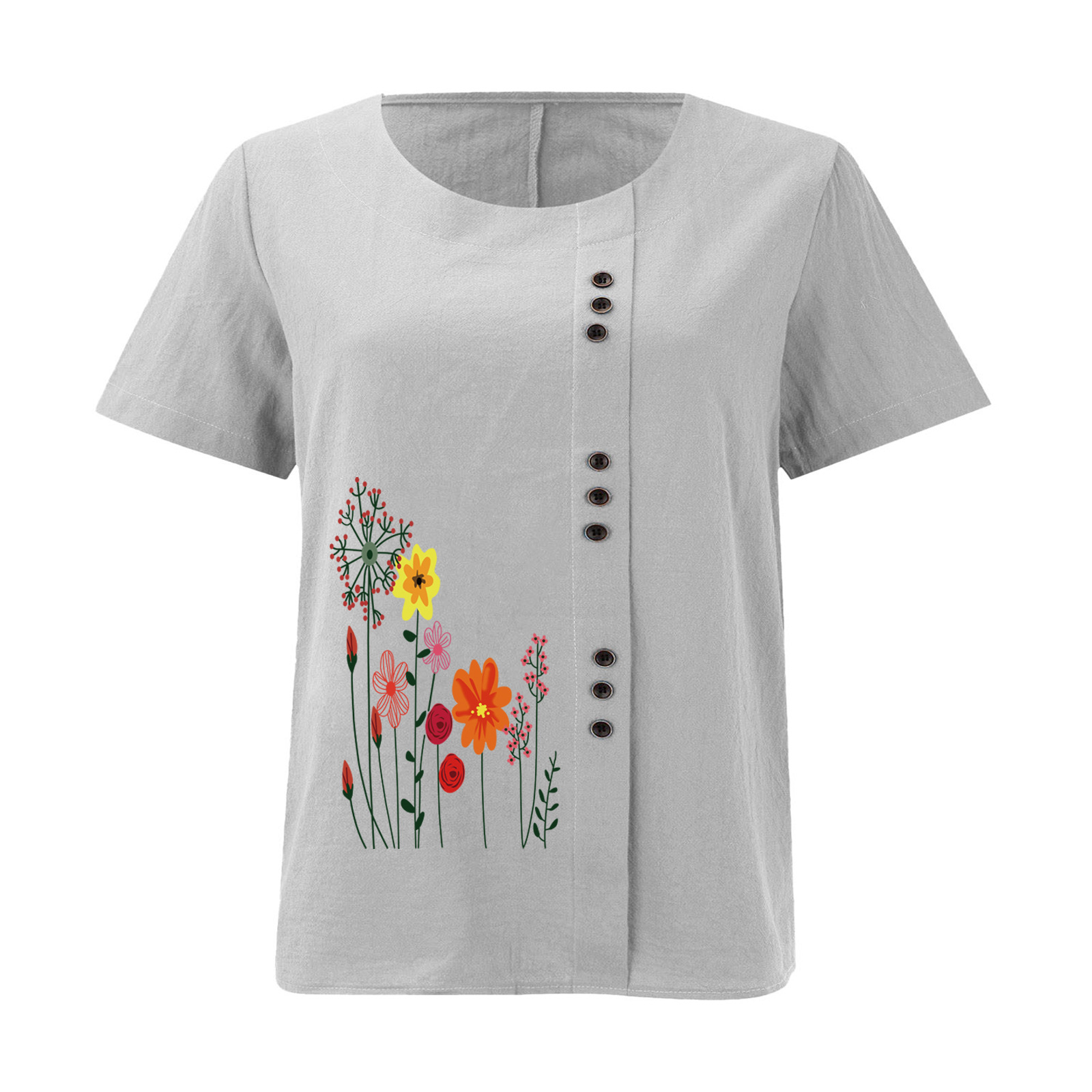 Women’s Floral Print Side Button Top – Casual Elegant Short Sleeve Blouse
