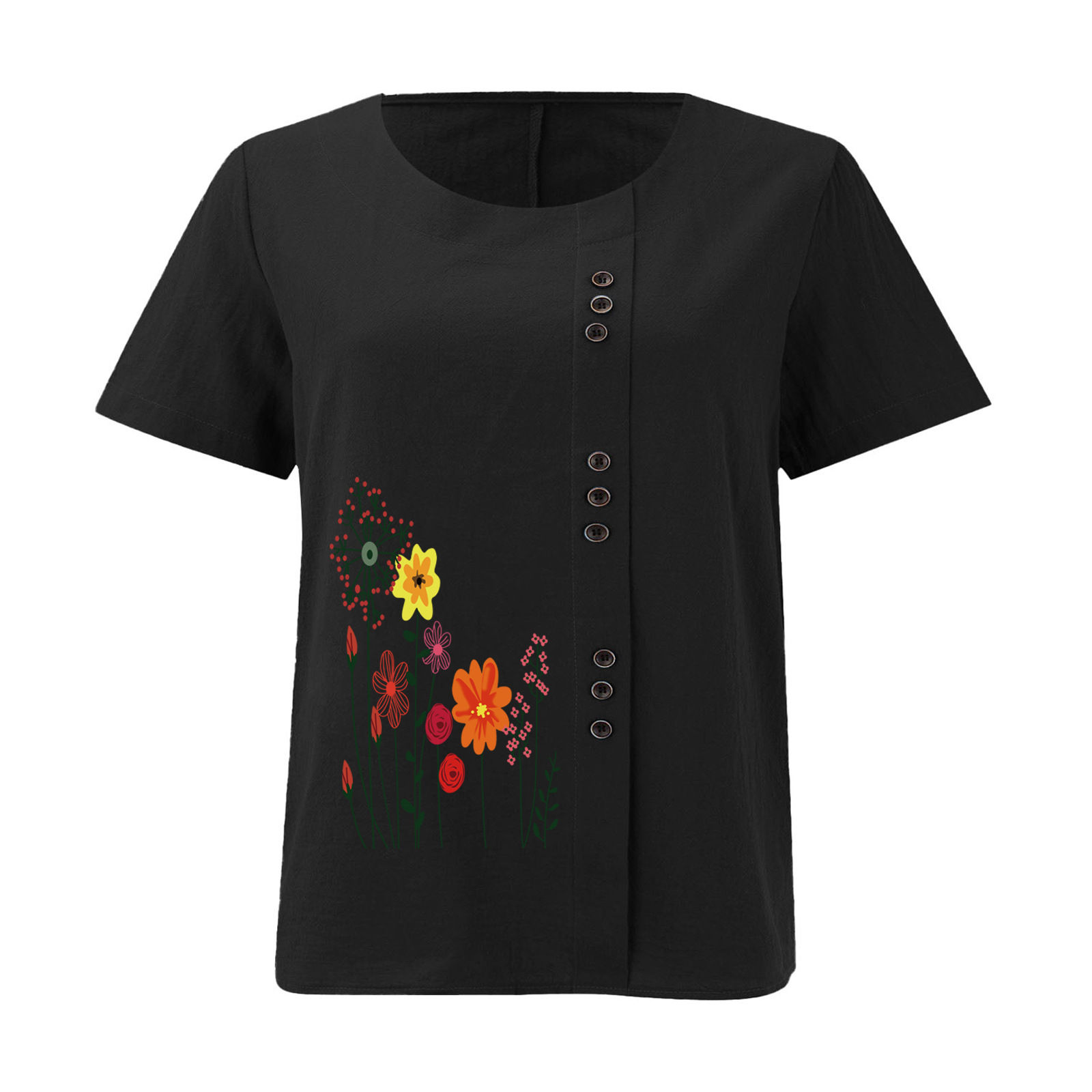 Women’s Floral Print Side Button Top – Casual Elegant Short Sleeve Blouse