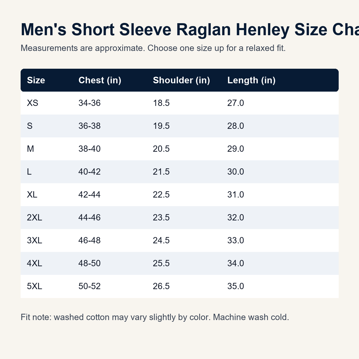 Men raglan henley size chart