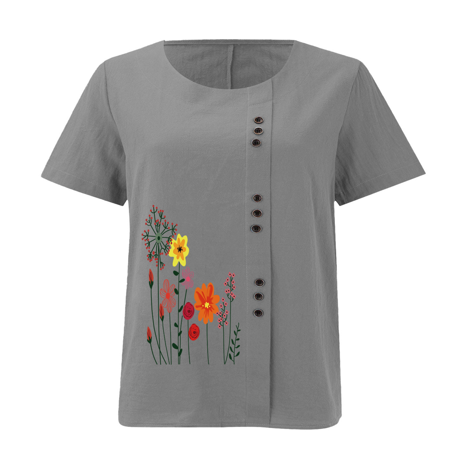 Women’s Floral Print Side Button Top – Casual Elegant Short Sleeve Blouse