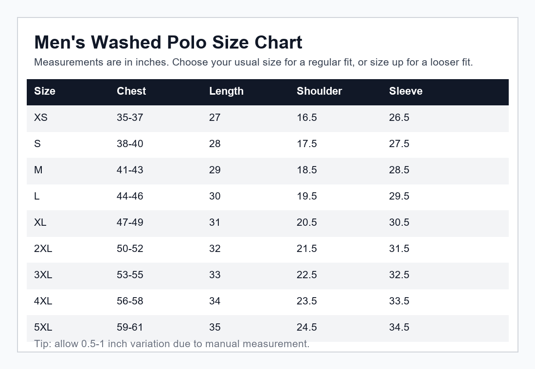 Men washed polo size chart