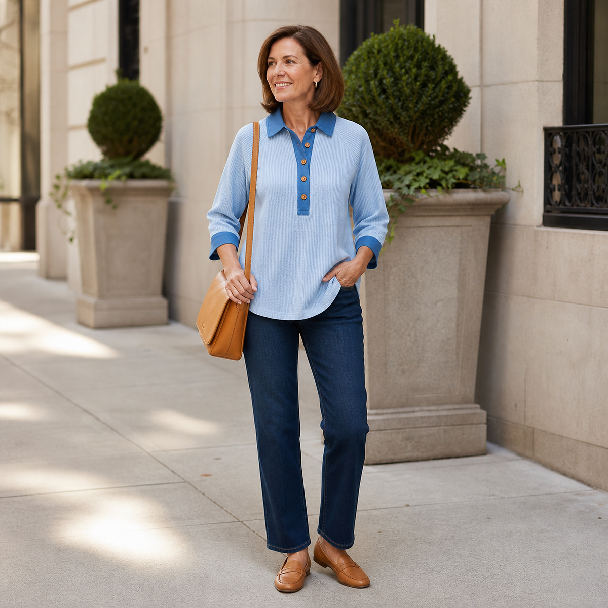 ⏰Seasonal Clearance Sale🔥Women's Textured Three-Quarter Sleeve Polo Tunic