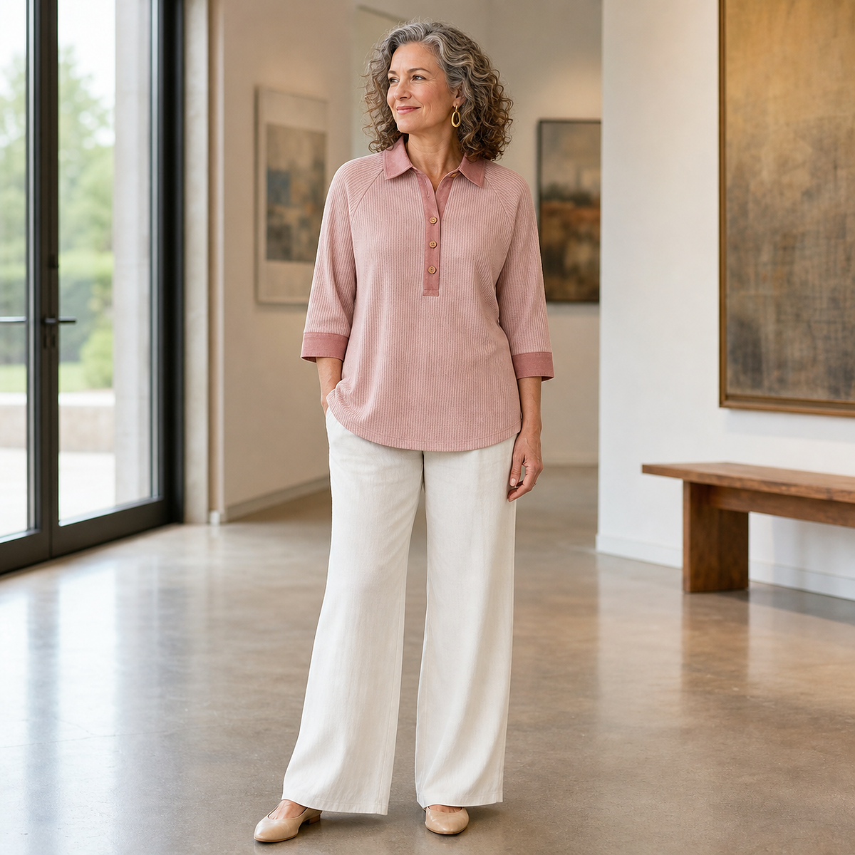 ⏰Seasonal Clearance Sale🔥Women's Textured Three-Quarter Sleeve Polo Tunic