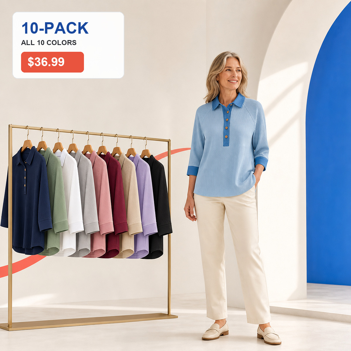 ⏰Seasonal Clearance Sale🔥Women's Textured Three-Quarter Sleeve Polo Tunic