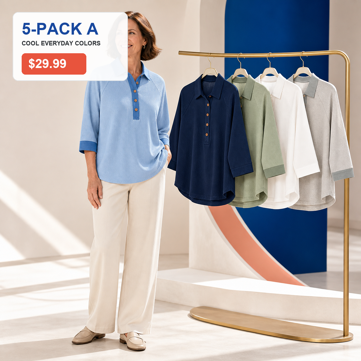 ⏰Seasonal Clearance Sale🔥Women's Textured Three-Quarter Sleeve Polo Tunic