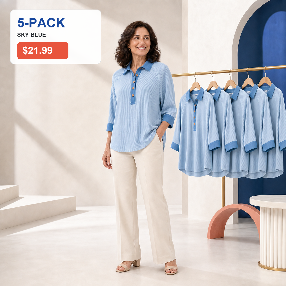 ⏰Seasonal Clearance Sale🔥Women's Textured Three-Quarter Sleeve Polo Tunic