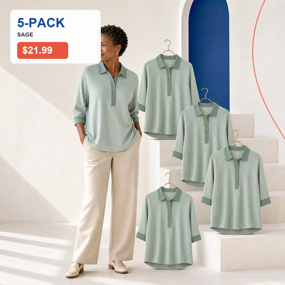 ⏰Seasonal Clearance Sale🔥Women's Textured Three-Quarter Sleeve Polo Tunic