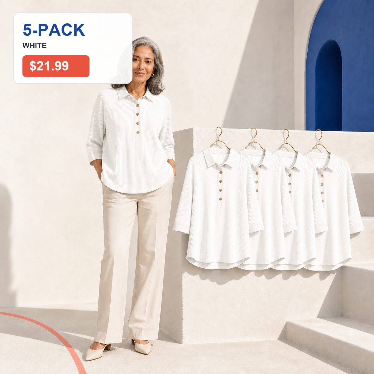 ⏰Seasonal Clearance Sale🔥Women's Textured Three-Quarter Sleeve Polo Tunic