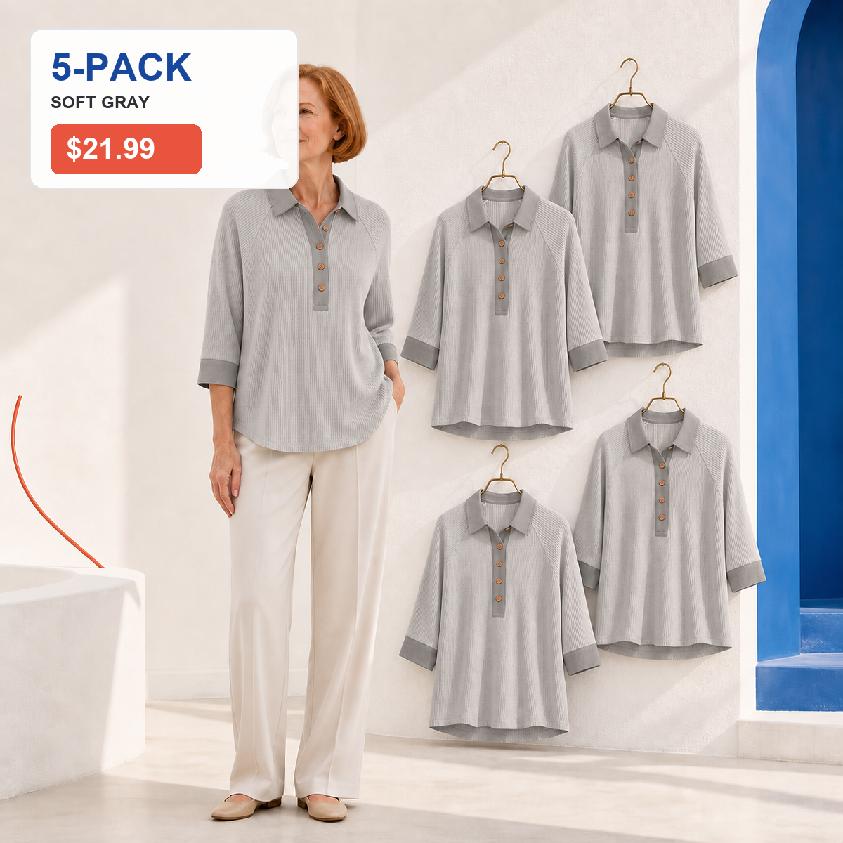 ⏰Seasonal Clearance Sale🔥Women's Textured Three-Quarter Sleeve Polo Tunic