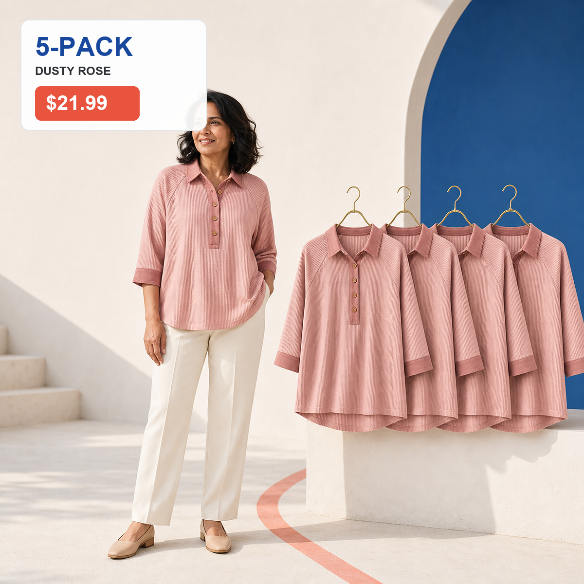 ⏰Seasonal Clearance Sale🔥Women's Textured Three-Quarter Sleeve Polo Tunic