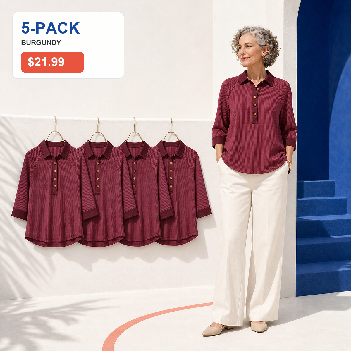 ⏰Seasonal Clearance Sale🔥Women's Textured Three-Quarter Sleeve Polo Tunic