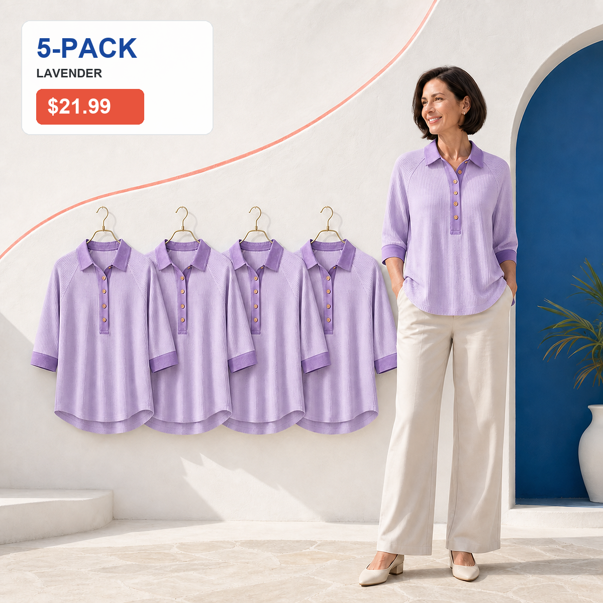 ⏰Seasonal Clearance Sale🔥Women's Textured Three-Quarter Sleeve Polo Tunic