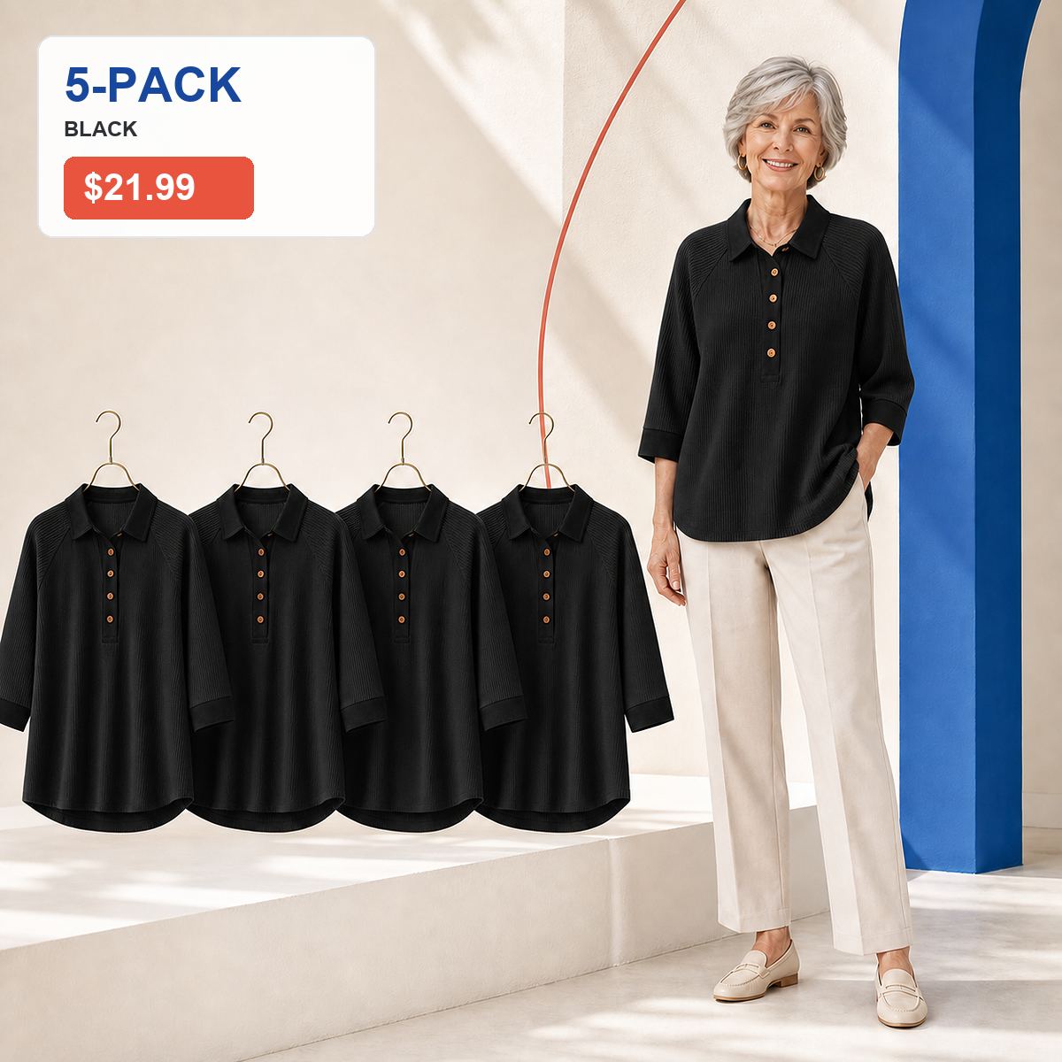 ⏰Seasonal Clearance Sale🔥Women's Textured Three-Quarter Sleeve Polo Tunic