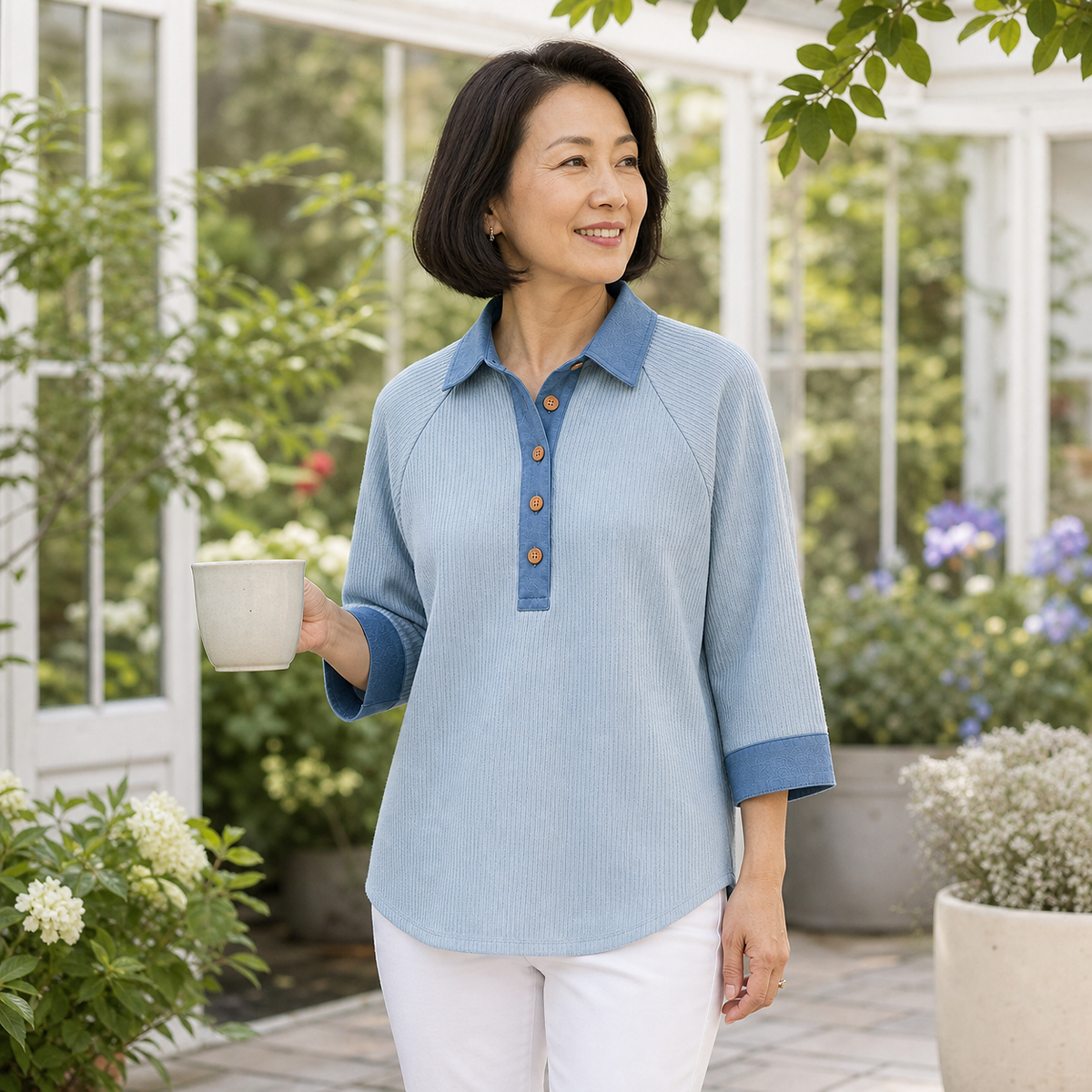 ⏰Seasonal Clearance Sale🔥Women's Textured Three-Quarter Sleeve Polo Tunic