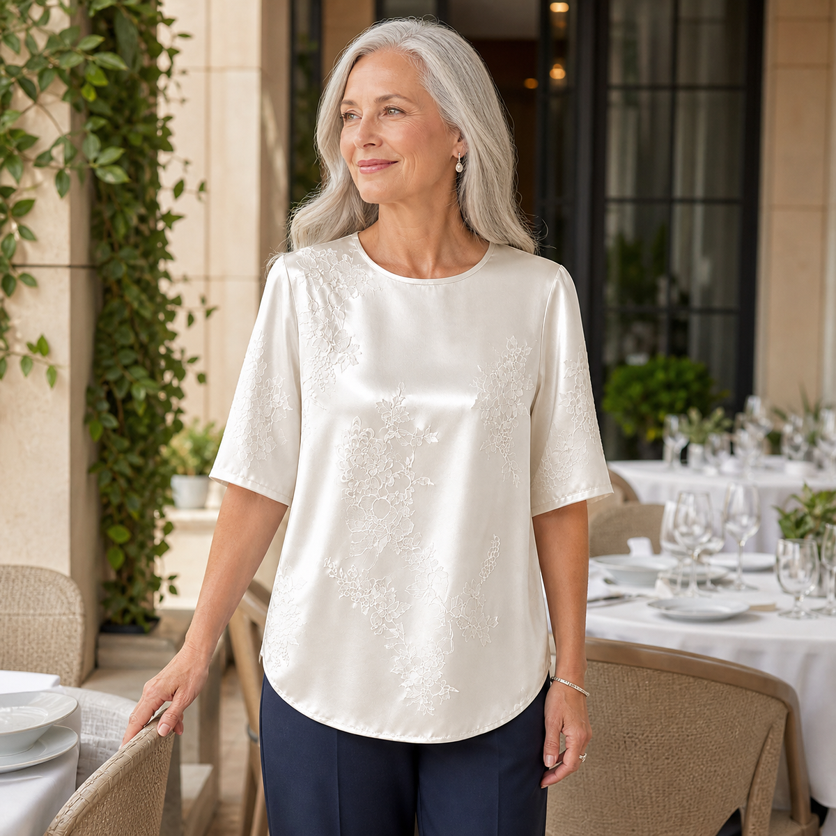 Women's Floral Satin-Look Short-Sleeve Blouse