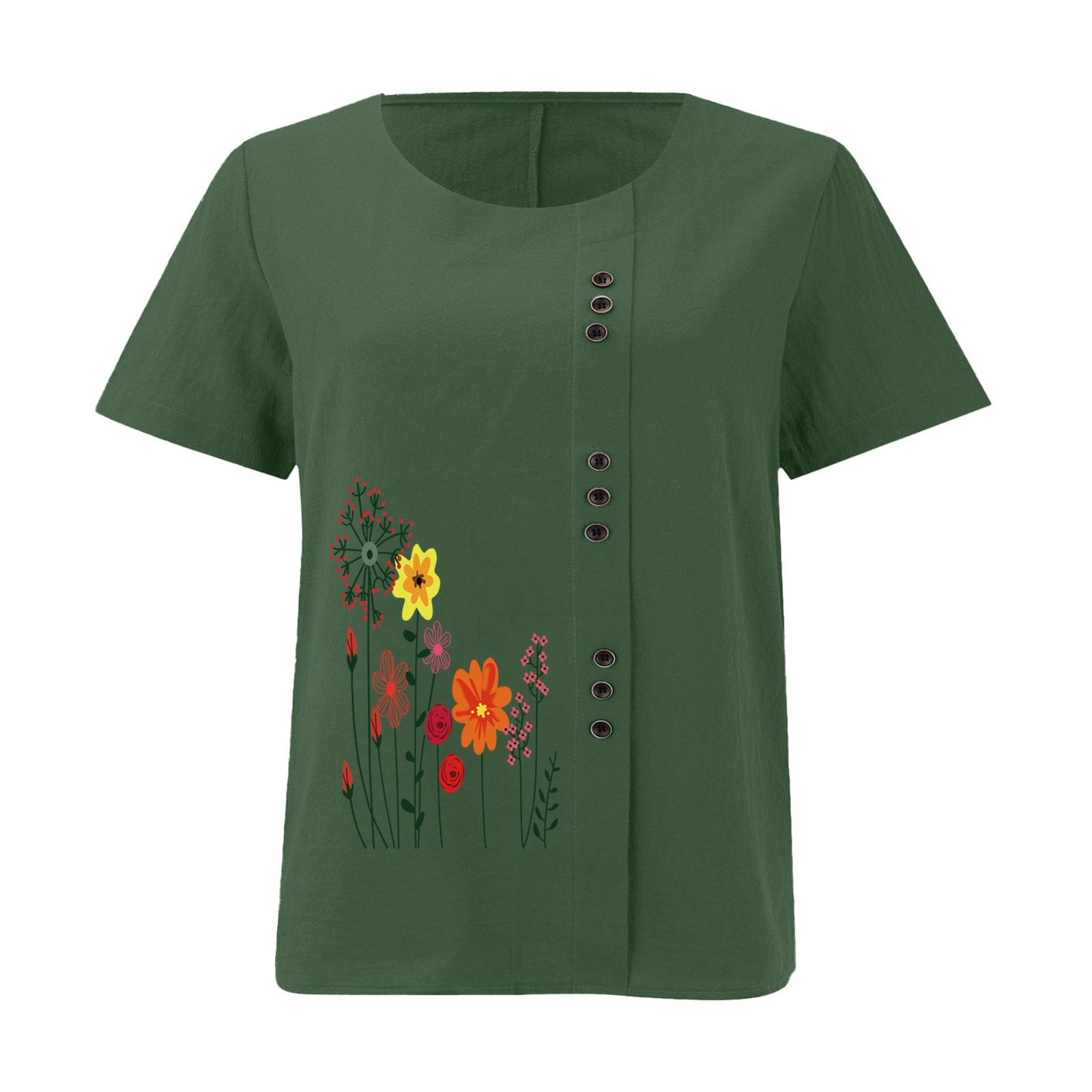 Women’s Floral Print Side Button Top – Casual Elegant Short Sleeve Blouse