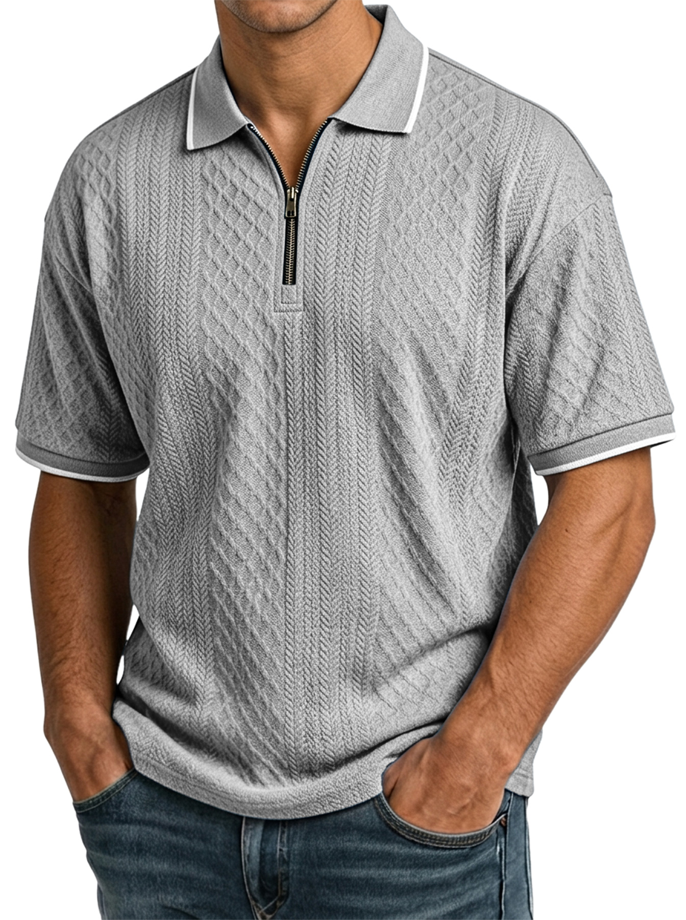 Men's Casual Jacquard Textured Collar Zipper Short-Sleeve Polo Shirt - The Comfortable Polo Men Wear On Repeat