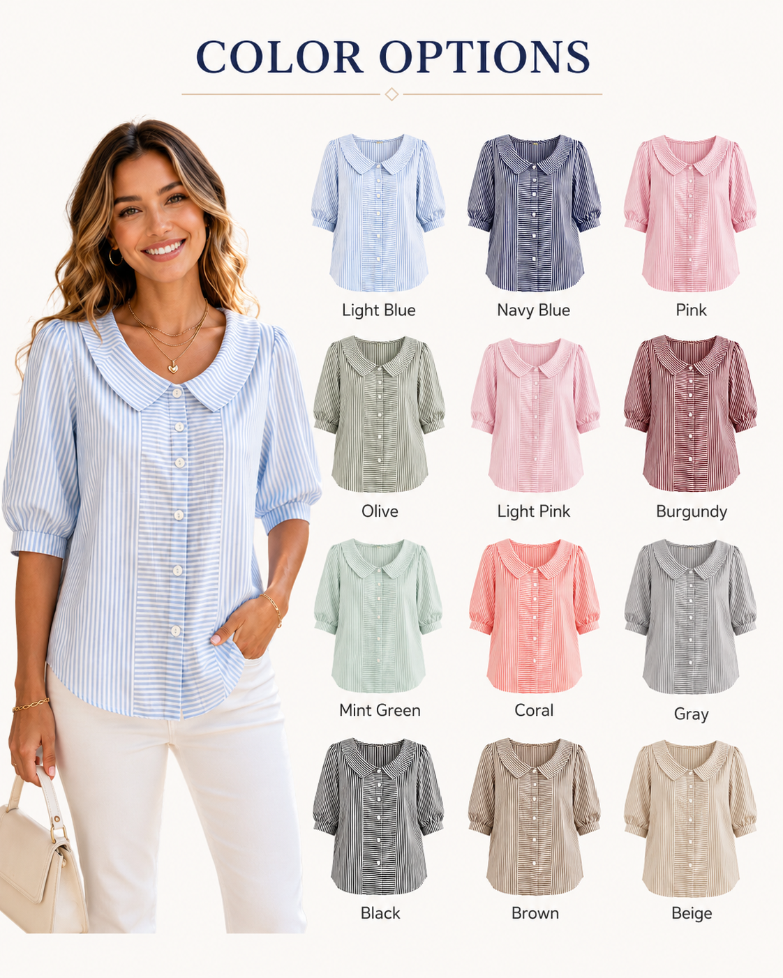 Women’s Peter Pan Collar Striped Button-Up Blouse with Puff Sleeves