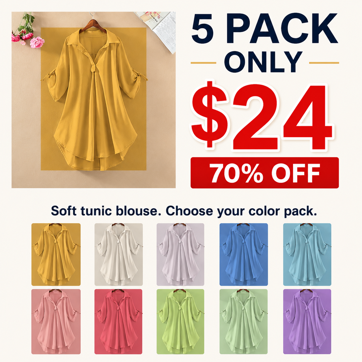 ⏰Store Closing Clearance⚡10 Pack for $28.9⚡Women's Roll-Tab Tunic Blouse