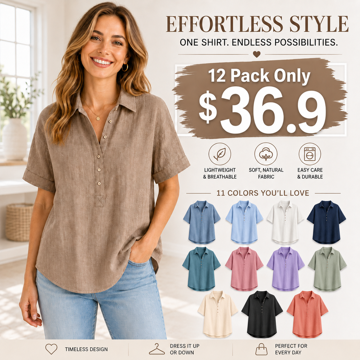 Seasonal Clearance Sale🔥12-PackOnly $36.9    Women’s Short Sleeve Henley Blouse – 12-Pack