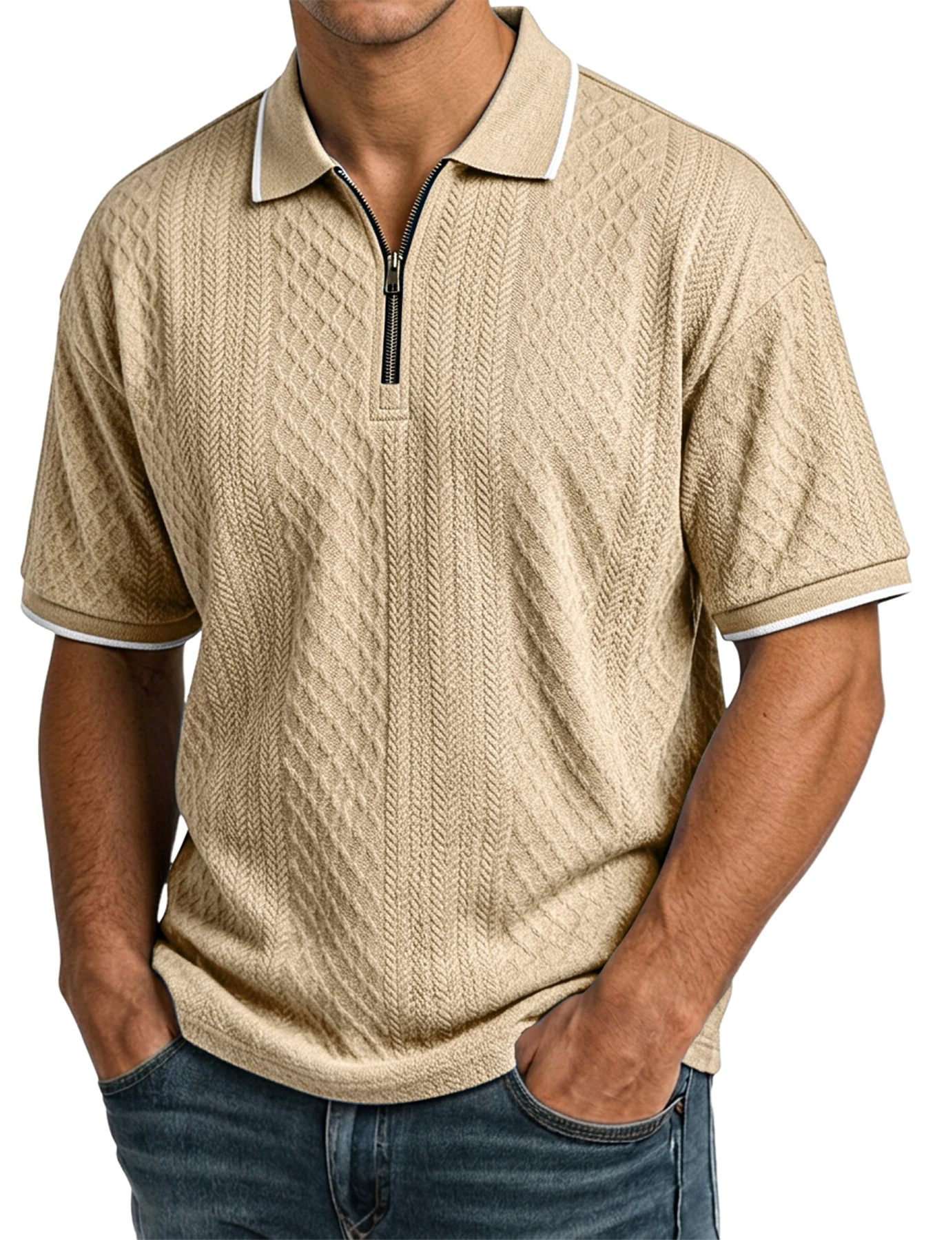Men's Casual Jacquard Textured Collar Zipper Short-Sleeve Polo Shirt - The Comfortable Polo Men Wear On Repeat
