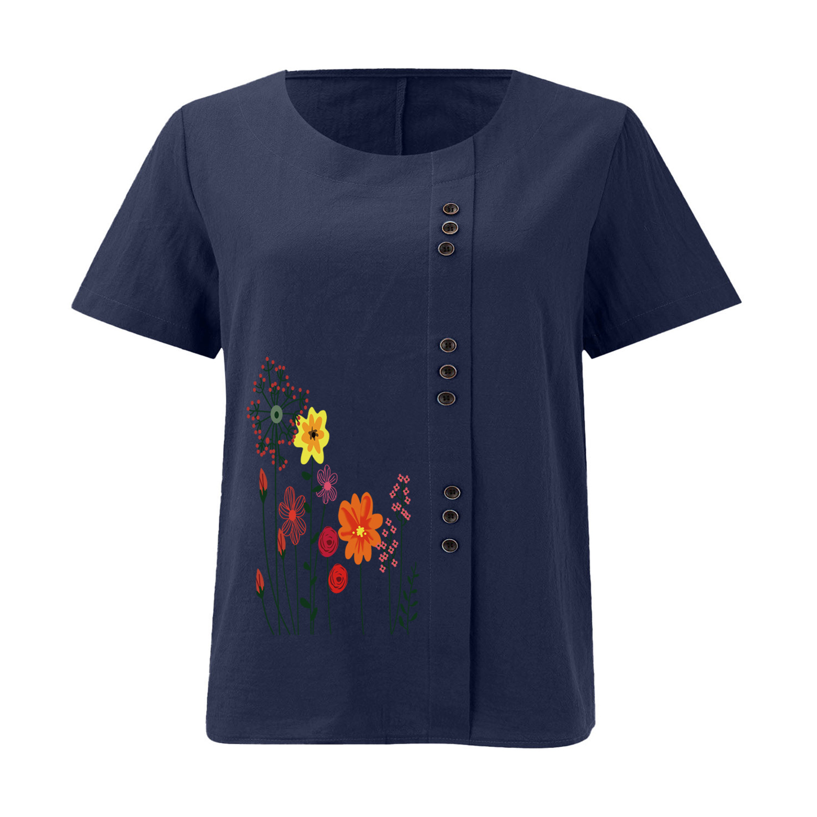 Women’s Floral Print Side Button Top – Casual Elegant Short Sleeve Blouse