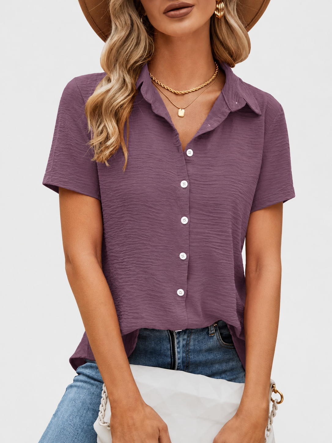 Seasonal Clearance Sale🔥10-PackOnly $29.99   Women’s Textured Short Sleeve Button-Up Shirt