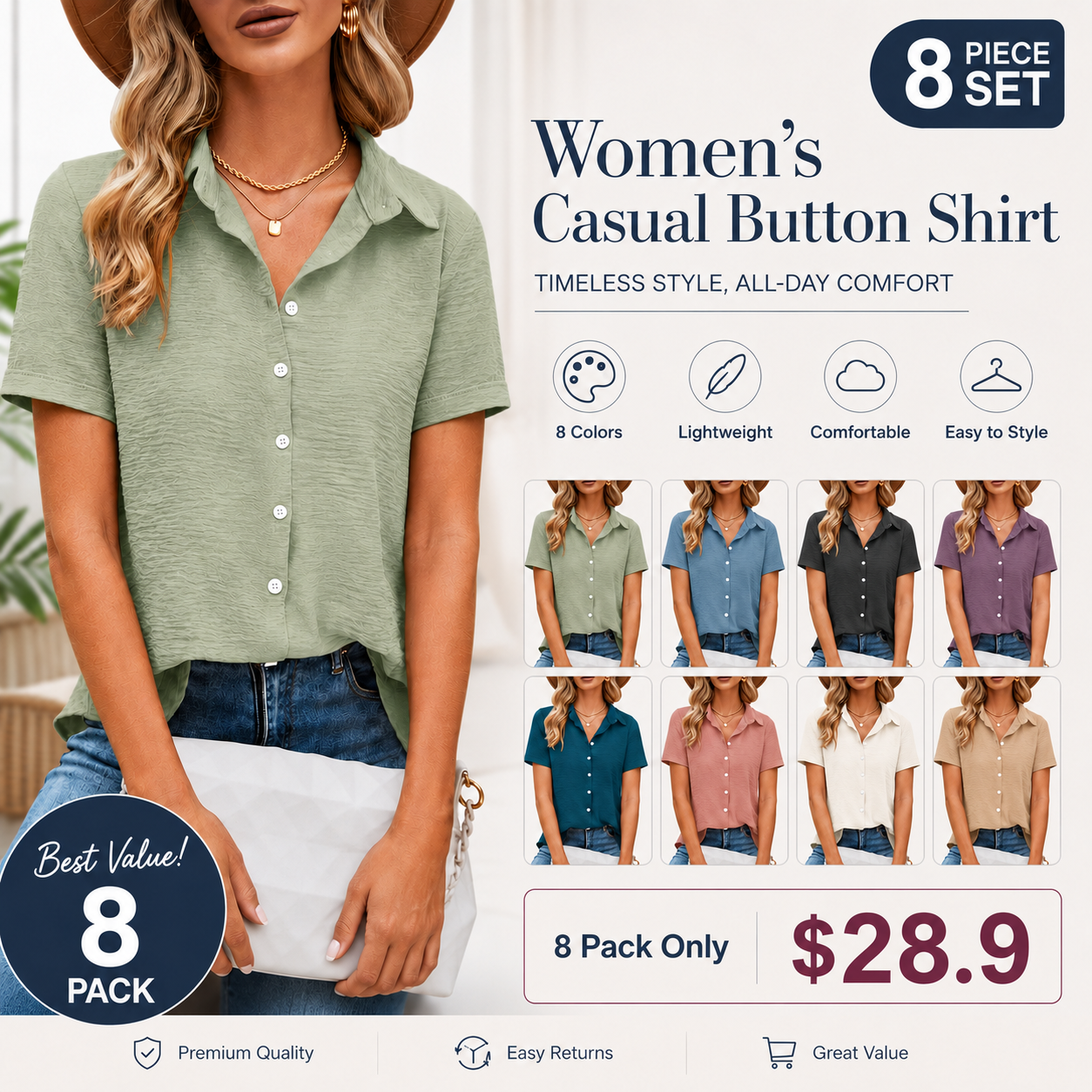 Seasonal Clearance Sale🔥10-PackOnly $29.99   Women’s Textured Short Sleeve Button-Up Shirt