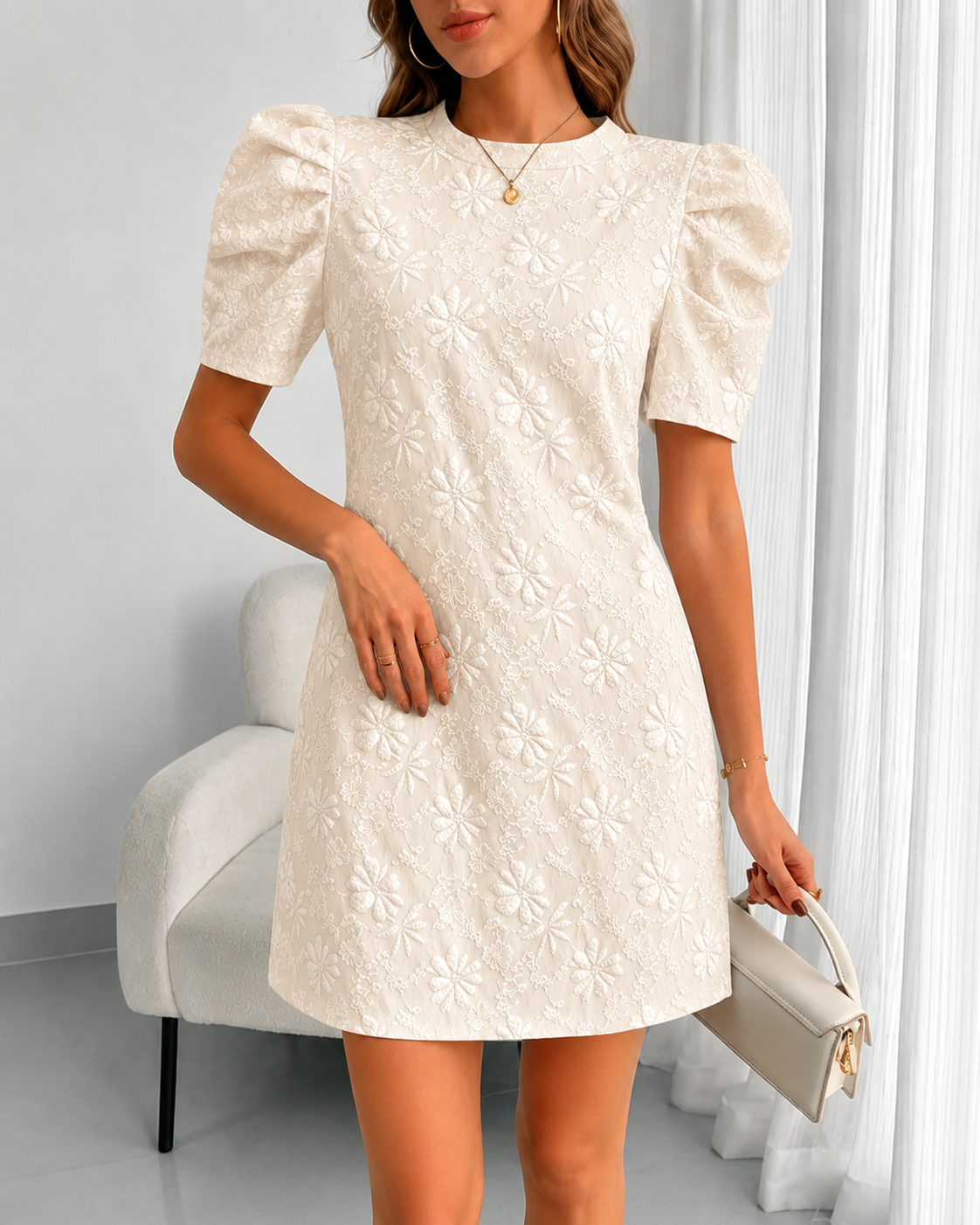 Women's Casual Puff Sleeve Textured Jacquard Dress