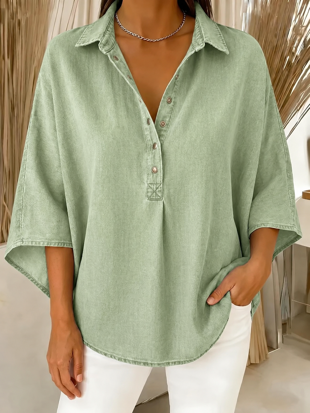  Seasonal Clearance Sale🔥10-PackOnly $27.9🔥Women's Casual Denim-Look V-Neck Henley Blouse