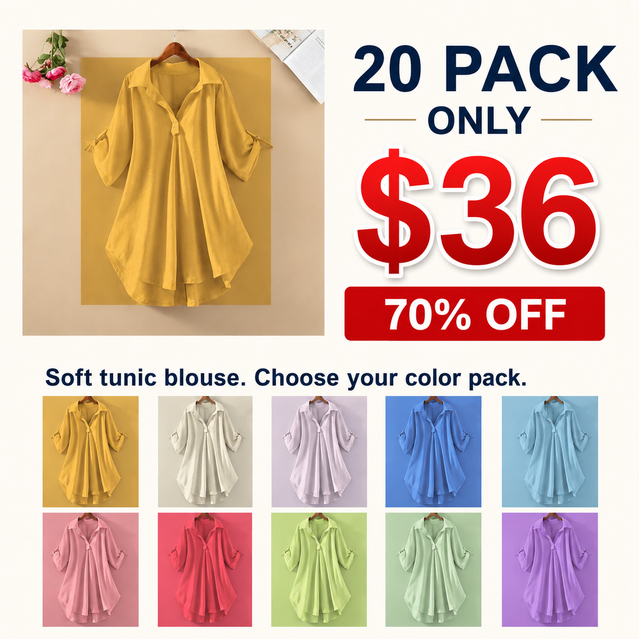 ⏰Store Closing Clearance⚡10 Pack for $28.9⚡Women's Roll-Tab Tunic Blouse