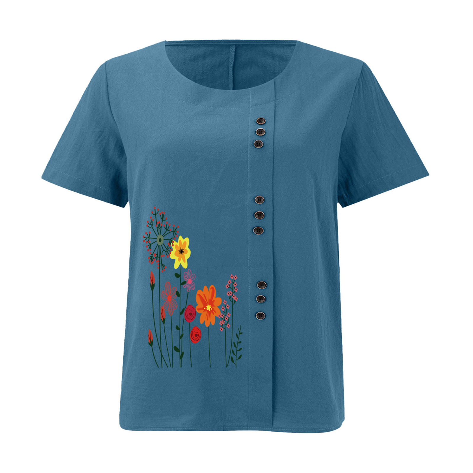 Women’s Floral Print Side Button Top – Casual Elegant Short Sleeve Blouse