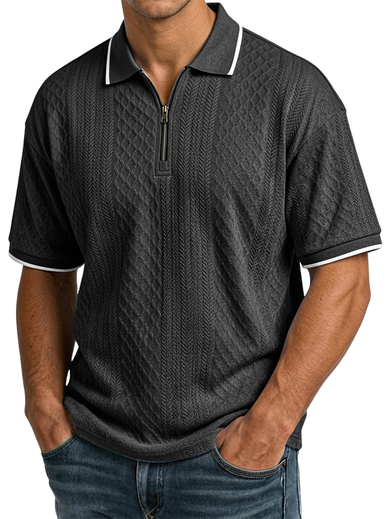 Men's Casual Jacquard Textured Collar Zipper Short-Sleeve Polo Shirt - The Comfortable Polo Men Wear On Repeat
