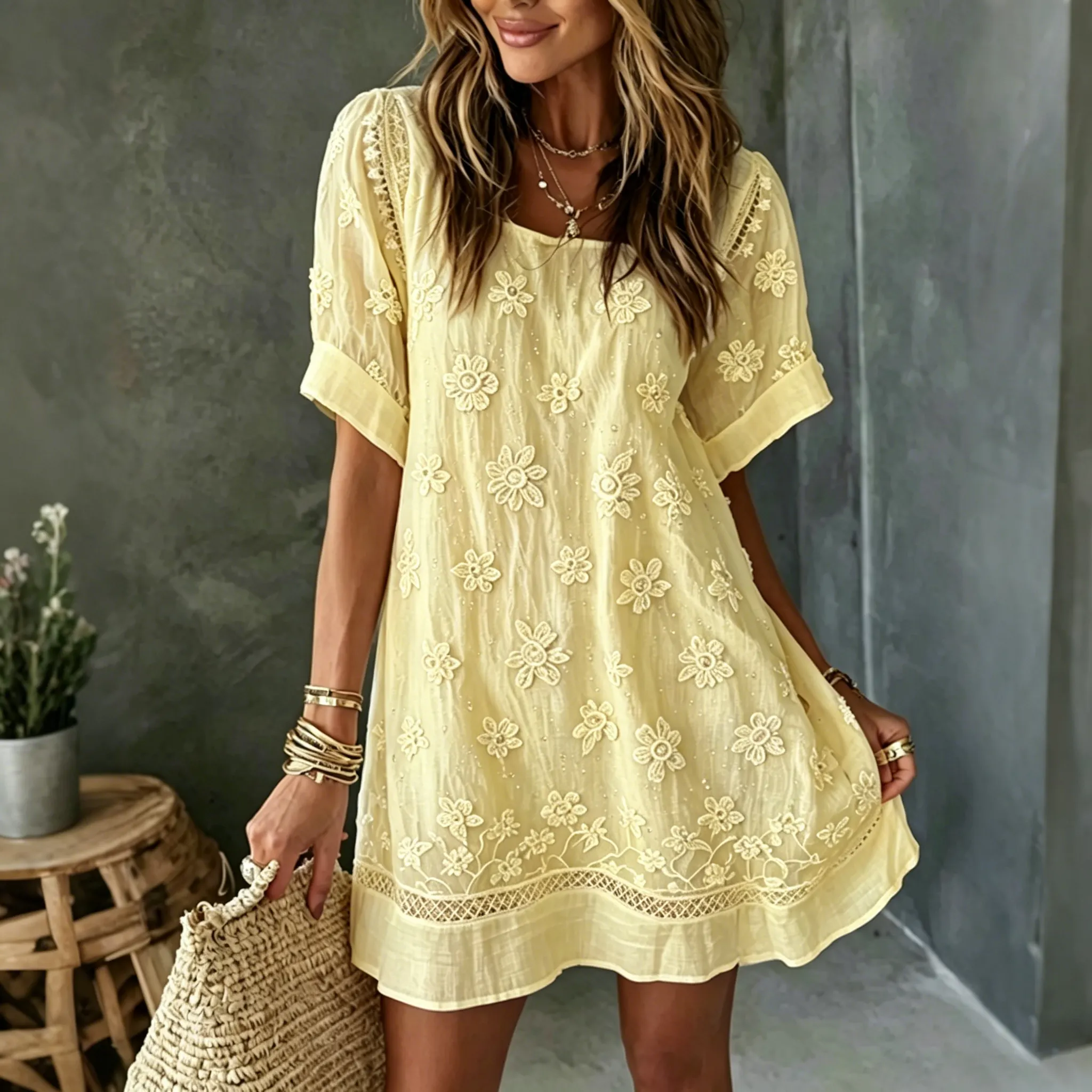 Women's White Rose Art Embroidered Linen Blend Round Neck Maxi Dress