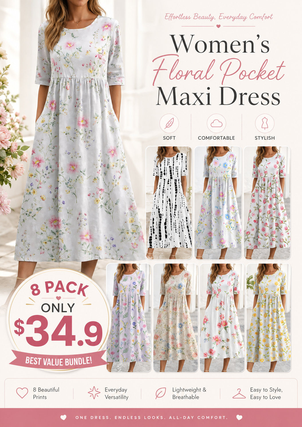 Andrea Serena summer dress with floral pattern and V-neck