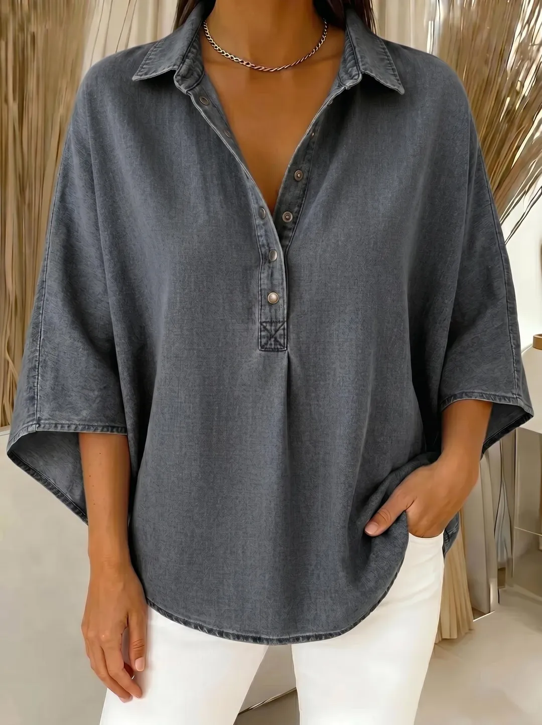 🔥Women's Relaxed Denim-Style Button Detail Top