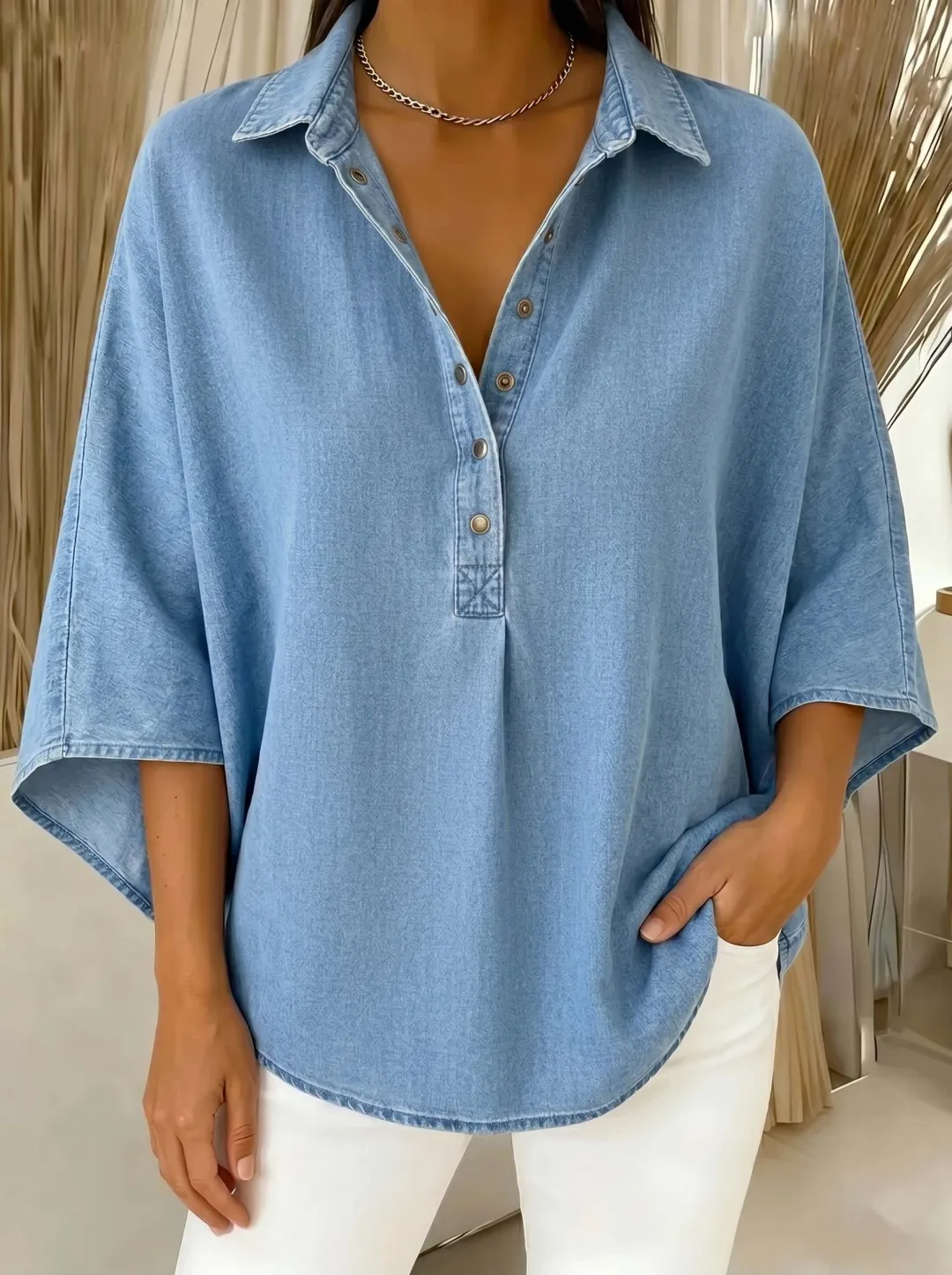 🔥Women's Relaxed Denim-Style Button Detail Top