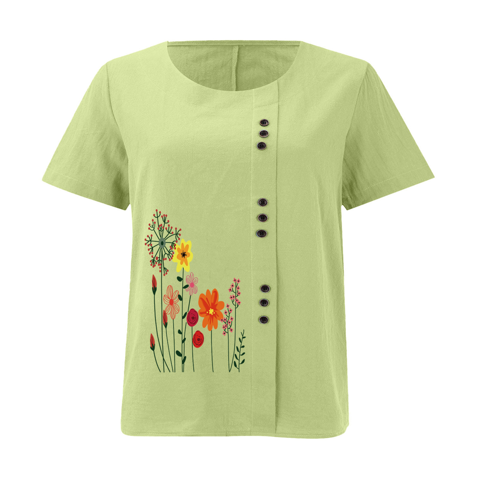 Women’s Floral Print Side Button Top – Casual Elegant Short Sleeve Blouse