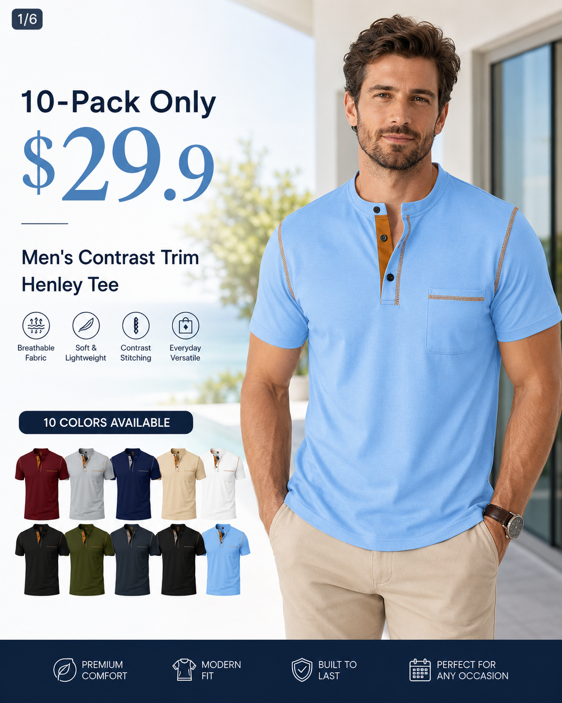 Men's Casual Henley Short Sleeve T-Shirt with Pocket – Contrast Trim Lightweight Summer Tee