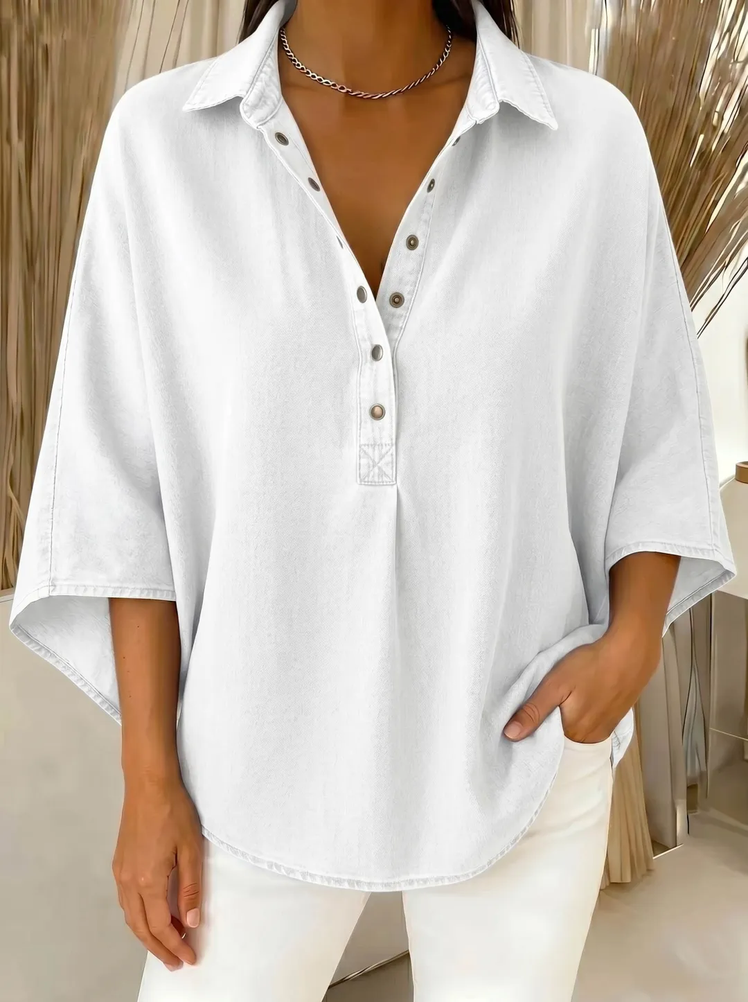 🔥Women's Relaxed Denim-Style Button Detail Top