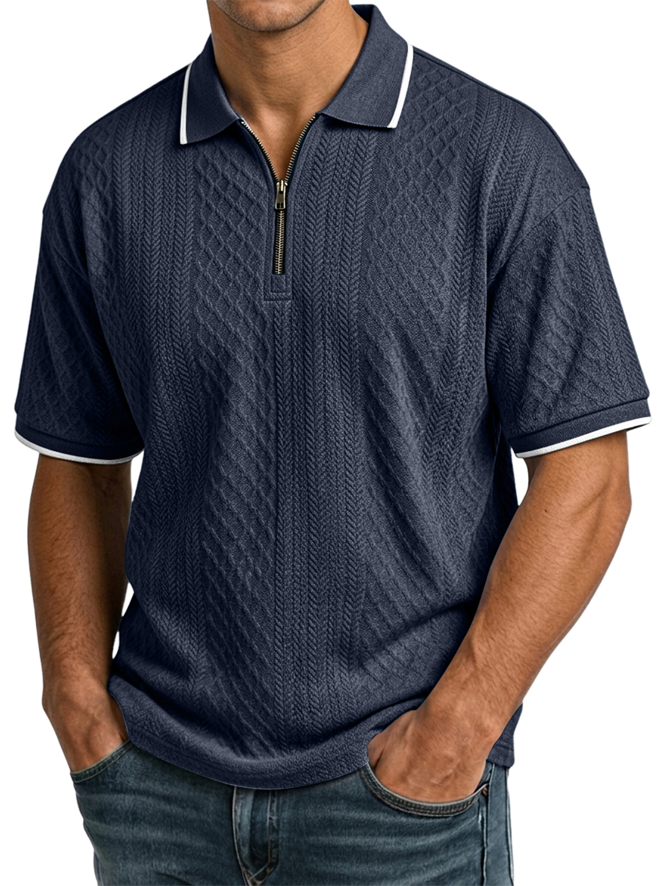 Men's Casual Jacquard Textured Collar Zipper Short-Sleeve Polo Shirt - The Comfortable Polo Men Wear On Repeat