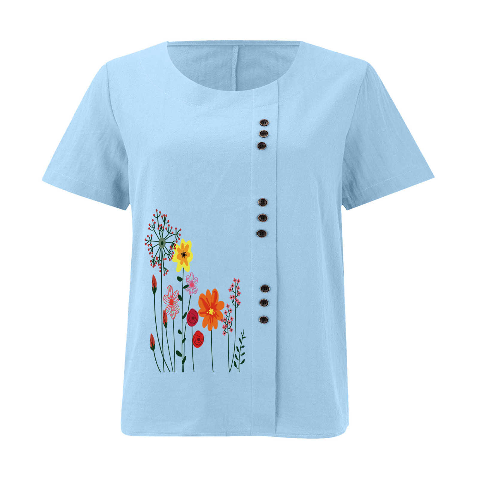 Women’s Floral Print Side Button Top – Casual Elegant Short Sleeve Blouse