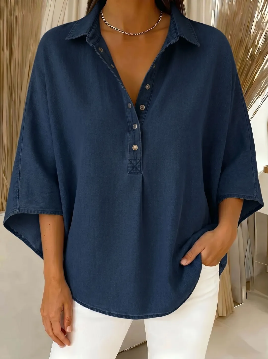 🔥Women's Relaxed Denim-Style Button Detail Top